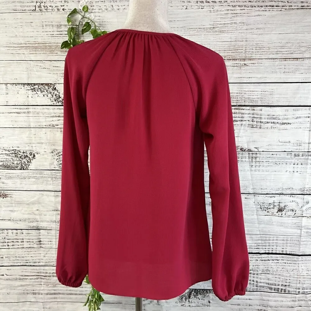 Michael Kors Tunic Blouse size Extra Small Dark Pink Crepe Ruffles Studs Bow Tie